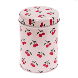 Pink canister tin with lid, decorated with red cherry pattern