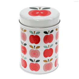 Canister tin with lid, decorated with vintage-style apple pattern