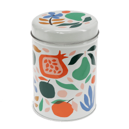 Canister tin with lid, decorated with colourful fruit and floral pattern