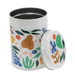 Canister tin with open lid, decorated with colourful fruit and floral pattern