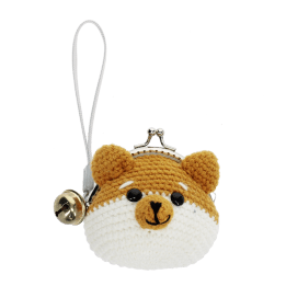 Crochet fox-shaped coin purse with a metal clasp and hanging bell charm.