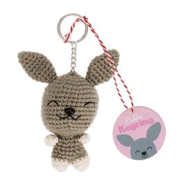 Crochet rabbit keyring with long ears and a silver metal keyring attachment with tag.