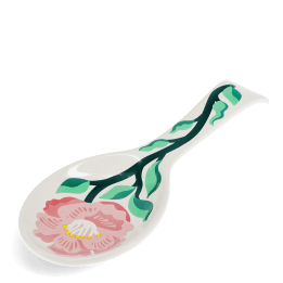 White ceramic spoon rest with blue fish design.