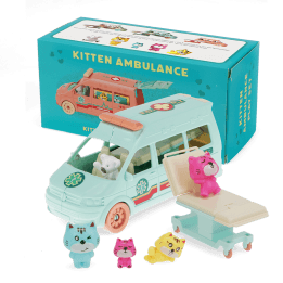Toy kitten ambulance playset with ambulance, stretcher, three cat figures and retail box.