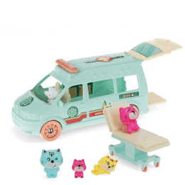 Toy kitten ambulance playset with ambulance, stretcher, three cat figures.