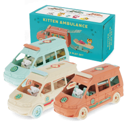 Toy kitten ambulance playset with ambulance, stretcher, three cat figures and retail box.