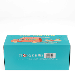 Kitten Ambulance play set retail box showing product branding, safety marks and barcode.