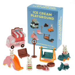 Ice Cream Playground playset with toy ice cream van, slide, swing, bunny figures and retail box.