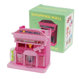 Pink toy shopping mall play set with miniature storefront and packaging box