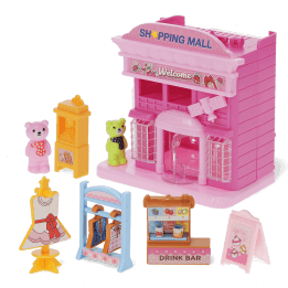 Pink toy shopping mall play set with miniature storefront a