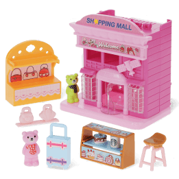 Pink toy shopping mall play set with miniature storefront 
