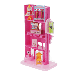 Copilot said:  Pink toy shopping mall interior with clothing display, drink bar, and miniature bear figures