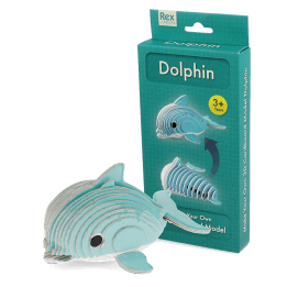 Make Your Own Dolphin 3D cardboard model kit with assembled dolphin and retail box.