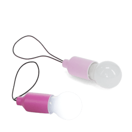 Pair of pink mini LED light bulb keyrings with black loop cords