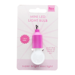 Bright pink mini LED light bulb keyring on retail backing card packaging