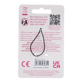 Back of mini LED light bulb keyring packaging with product information and safety warnings