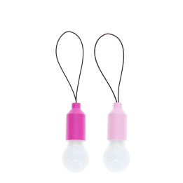 Pair of pink mini LED light bulb keyrings with black loop cords
