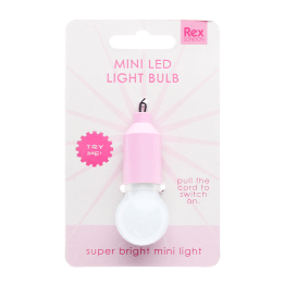 Pink mini LED light bulb keyring on retail backing card packaging