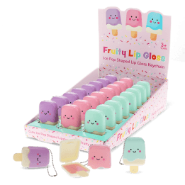 Ice lolly lip gloss keyrings in pink, green and purple shown in assorted colours