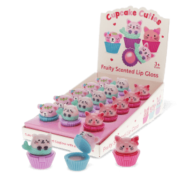 Cupcake-shaped fruity scented lip gloss pots with bear, cat mermaid and pink cat designs