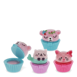 Assorted cupcake-shaped fruity scented lip gloss with pink cat, bear and cat mermaid designs
