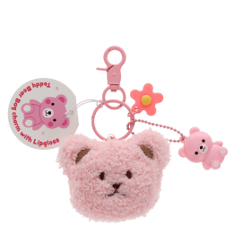 Pink teddy bear lip gloss keyring with plush pouch and flower charm with tag.