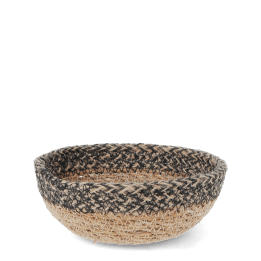 Round seagrass bowl with natural and black woven detail.