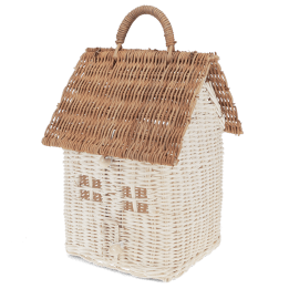 White and natural rattan house-shaped basket with carry handle