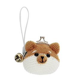 Crochet fox-shaped coin purse with a metal clasp and hanging bell charm.