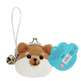 Crochet fox-shaped coin purse with a metal clasp and hanging bell charm with tag.