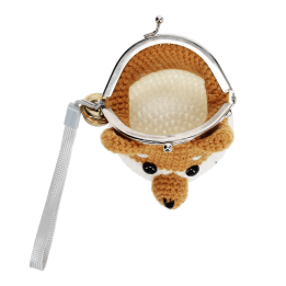 Crochet fox-shaped coin purse with a metal clasp and hanging bell charm with tag.