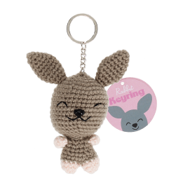 Crochet rabbit keyring with long ears and a silver metal keyring attachment with tag.