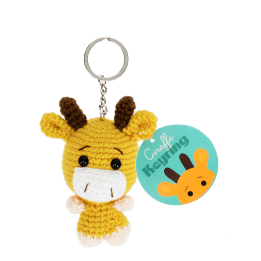 Crochet giraffe keyring with small horns and a silver metal keyring attachment with tag.