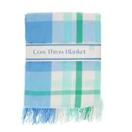 Blue, green and white check blanket folded.