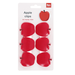 Set of 6 red apple-shaped bag clips on retail backing card packaging