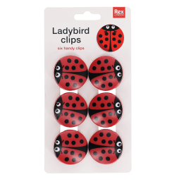 Set of 6 ladybird-shaped bag clips on retail backing card packaging