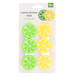 Set of six lemon and lime slice bag clips on retail backing card packaging