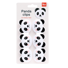 Set of six panda-shaped bag clips on retail backing card packaging