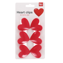 Set of six heart-shaped bag clips on retail backing card packaging