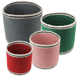 Set of four nested woven jute baskets in grey, green, pink and red