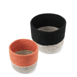 Set of two jute storage baskets in black and orange.