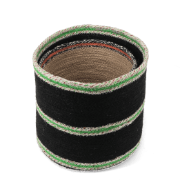 Set of two round jute storage baskets in natural and black.