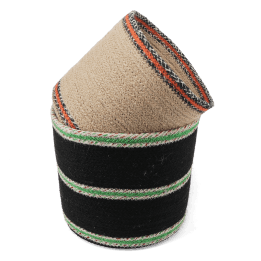 Set of two round jute storage baskets in natural and black.