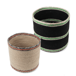 Set of two round jute storage baskets in natural and black.