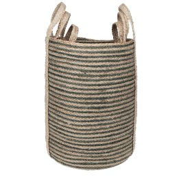 Set of three striped storage baskets with handles in assorted sizes.