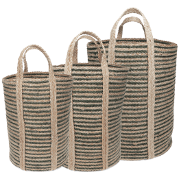 Set of three striped storage baskets with handles in assorted sizes.