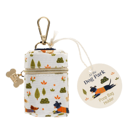 Poop bag holder with dog park print, zip closure and clip attachment