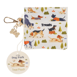 Dog-themed treat pouch with clip attachment and bone-shaped charm