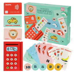 Wooden shopping money play set with toy cards, cash register, coins and receipts