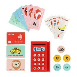Wooden shopping money play set with toy cards, cash register, coins and receipts